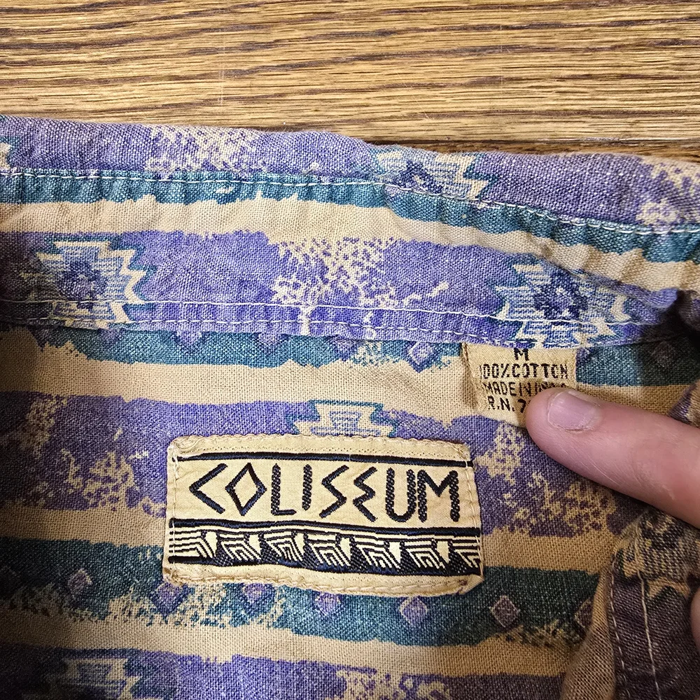 Vintage Coliseum Western Shirt Short Sleeve Button Up Aztec Stripe Medium - Picture 3 of 5